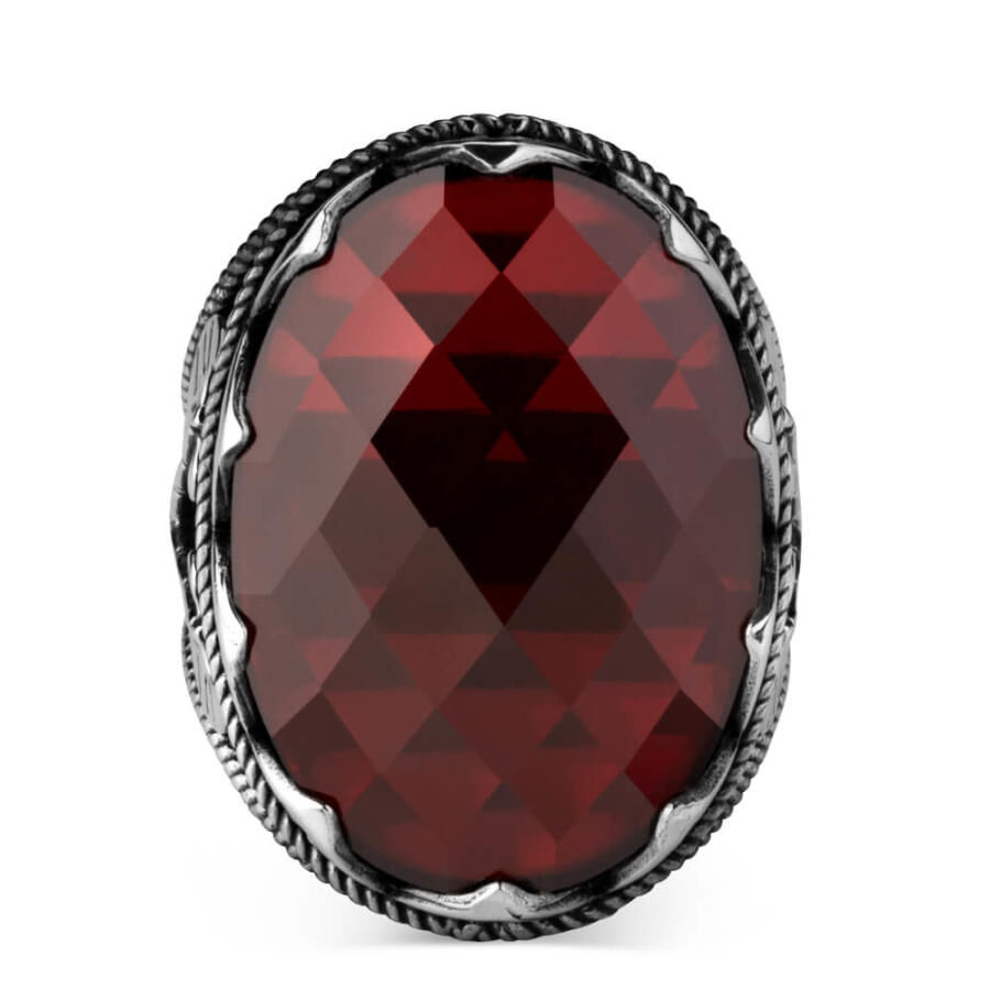 Ax Patterned Faceted Red Zircon Stone Men's Ring - 3