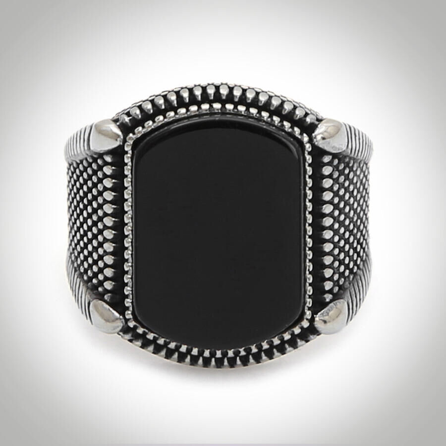 B Series Dot Patterned Men's Ring Black Onyx Stone - 1