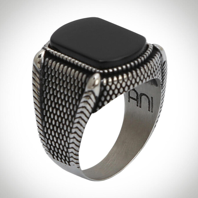 B Series Dot Patterned Men's Ring Black Onyx Stone - 3