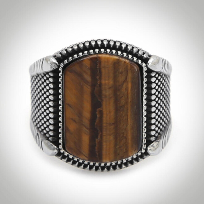 B Series Dot Patterned Men's Ring Brown Tiger Eye Stone - 1