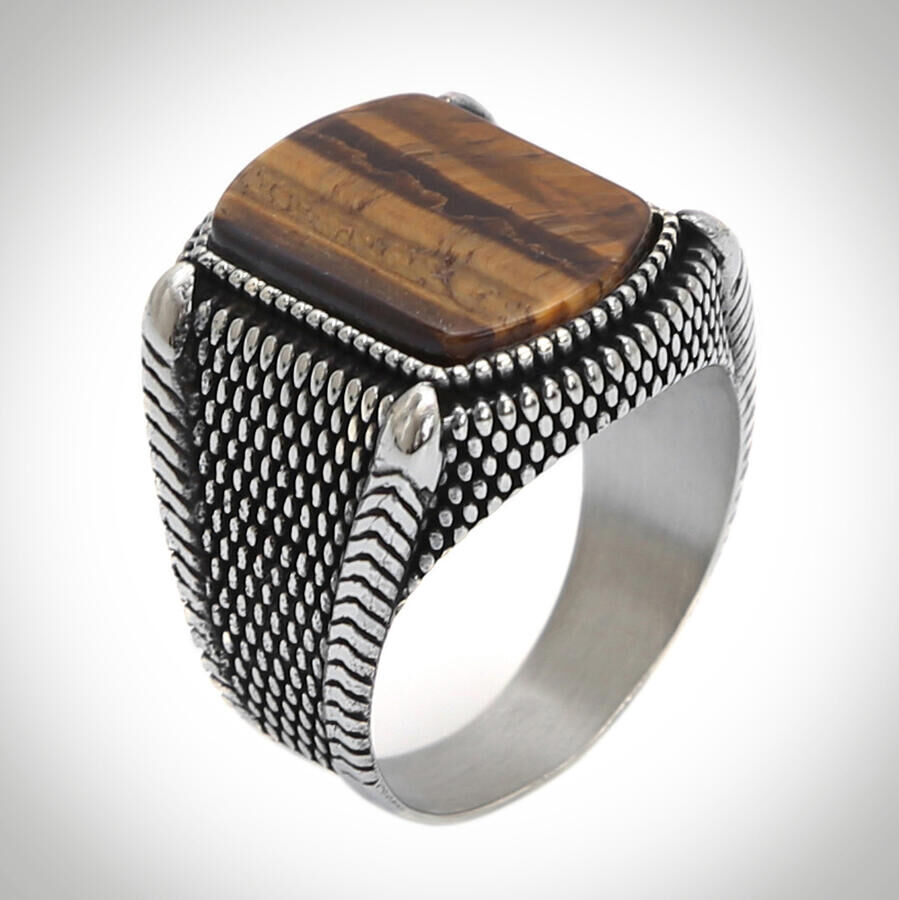 B Series Dot Patterned Men's Ring Brown Tiger Eye Stone - 2