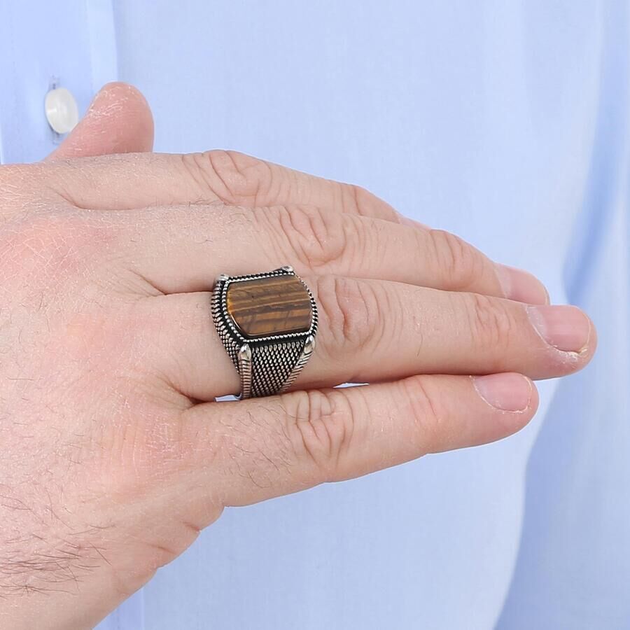 B Series Dot Patterned Men's Ring Brown Tiger Eye Stone - 4