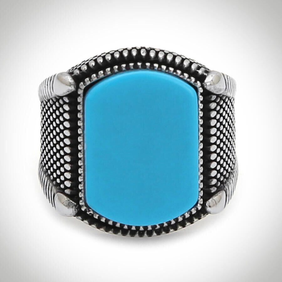 B Series Dot Patterned Men's Ring Turquoise Turquoise Stone - 1