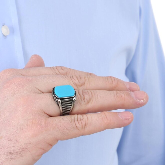 B Series Dot Patterned Men's Ring Turquoise Turquoise Stone - 3