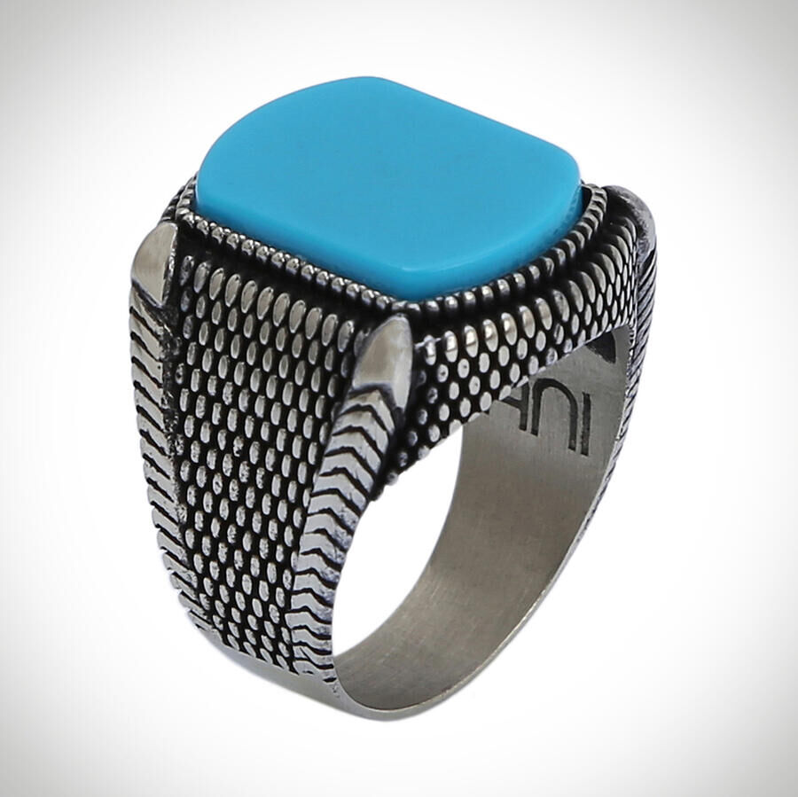 B Series Dot Patterned Men's Ring Turquoise Turquoise Stone - 4