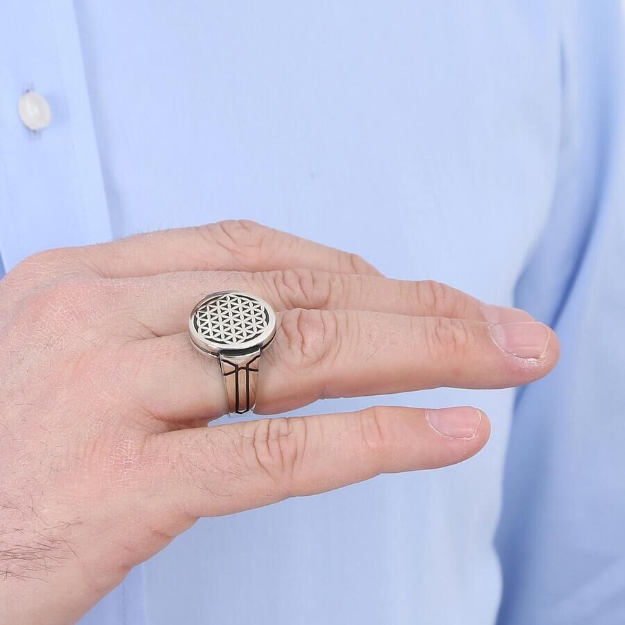 B Series Men's Round Model Flower of Life Ring Gray Color - 4