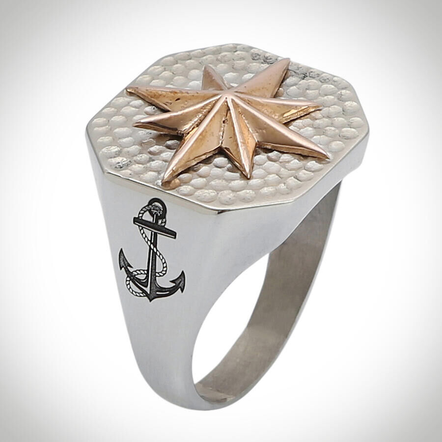 B Series Octagon North Star Compass Model Anchor Motif Men's Ring - 1