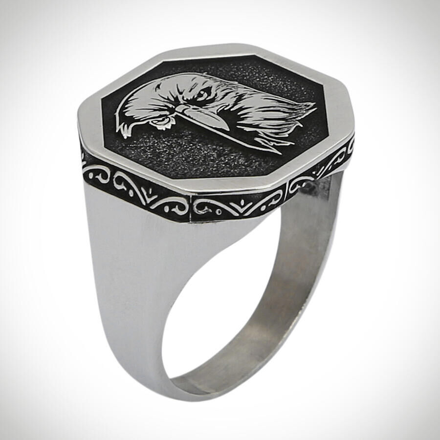 B Series Octagonal Eagle Motif Men's Ring Linear Patterned Case - 1