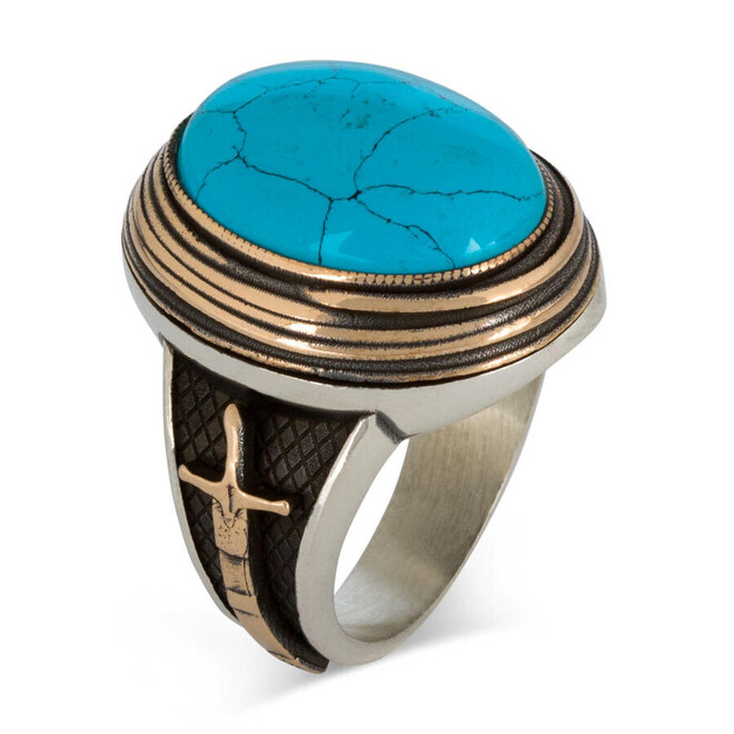 Barbaros Model Sword Motif 925 Sterling Silver Men's Ring Turquoise Turquoise Stone - 1