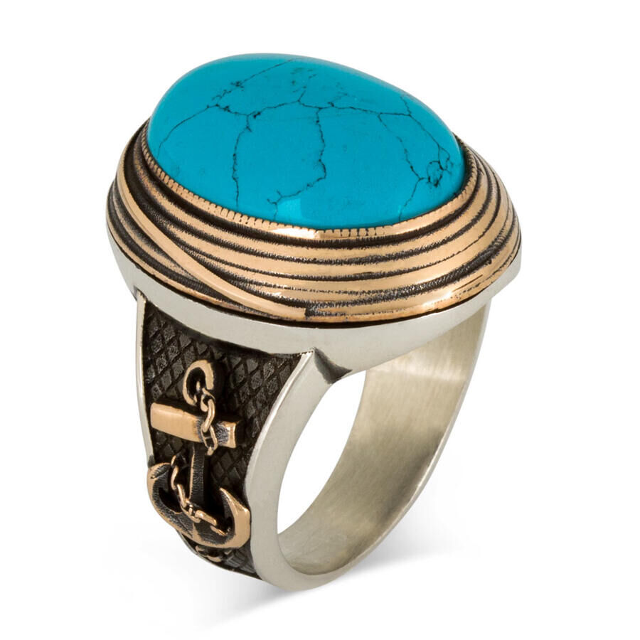 Barbaros Model Sword Motif 925 Sterling Silver Men's Ring Turquoise Turquoise Stone - 2