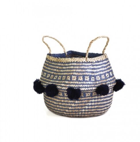 Blue Foldable Rattan Basket with Wool Balls - 35 cm - 1