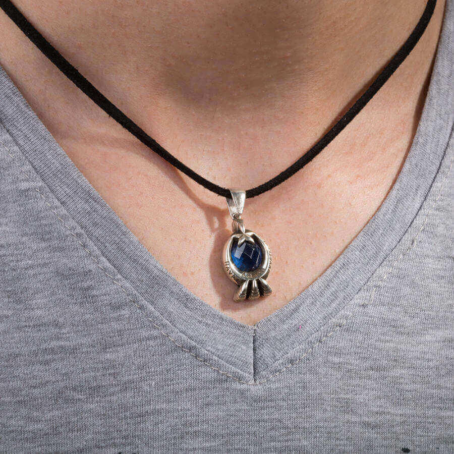 Blue Stone Moon Star Clawed Sterling Silver Men's Necklace - 2