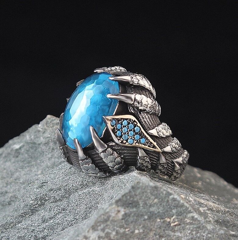 Blue Topaz Stone Claw Model 925 Sterling Silver Men's Ring - 1