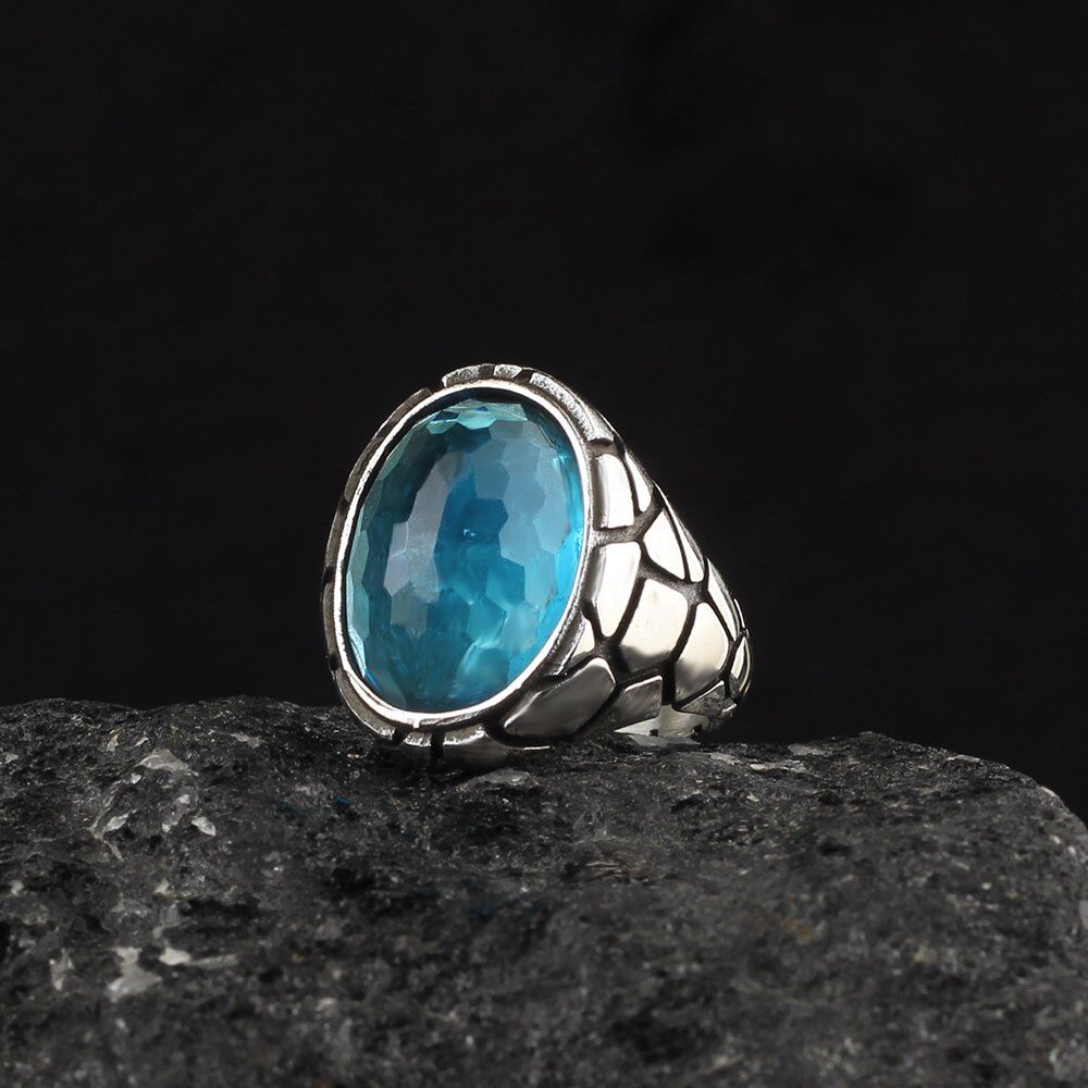 Blue Topaz Taşlı 925 Ayar Erkek Gümüş Yüzük - 1