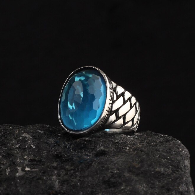 Blue Topaz Taşlı 925 Ayar Erkek Gümüş Yüzük - 2