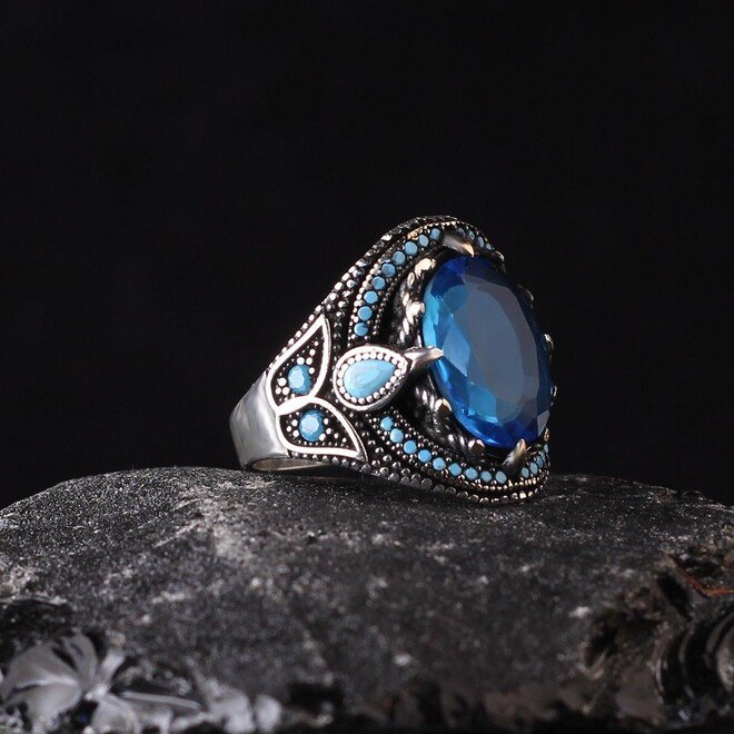 Blue Topaz Taşlı 925 Ayar Erkek Gümüş Yüzük... - 1