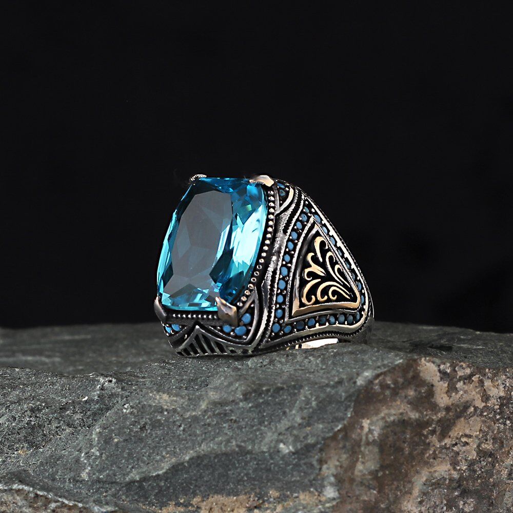 Blue Topaz Taşlı Desenli 925 Ayar Erkek Gümüş Yüzük - 1