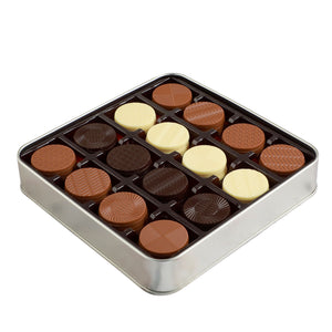 ميداليات شوكولاتة بشعار الشركة (64 قطعة) في علبة معدنية