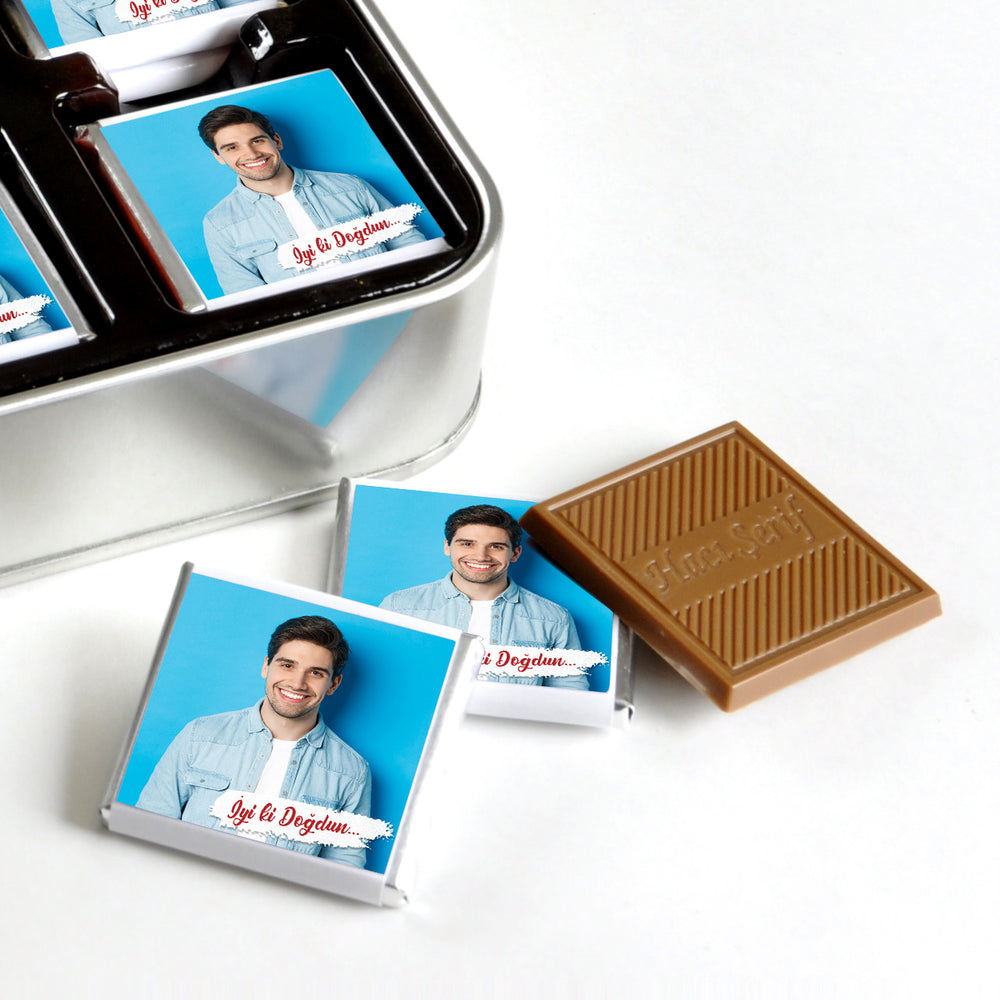 Photo Personalized Men's Birthday Gift: 32-Piece Chocolate Metal Box