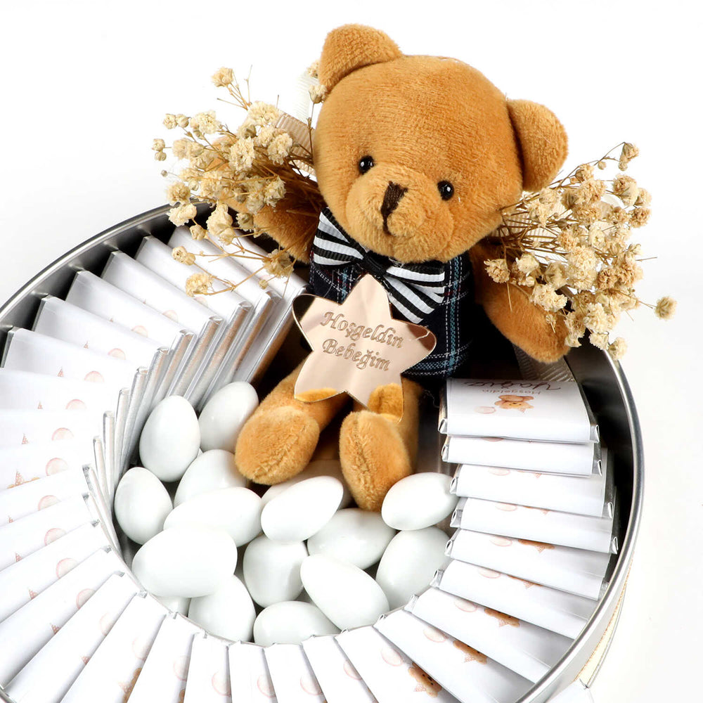 Adorable Bear Decor Baby Chocolate Round Metal Box (35 Pieces Chocolate Medallions)