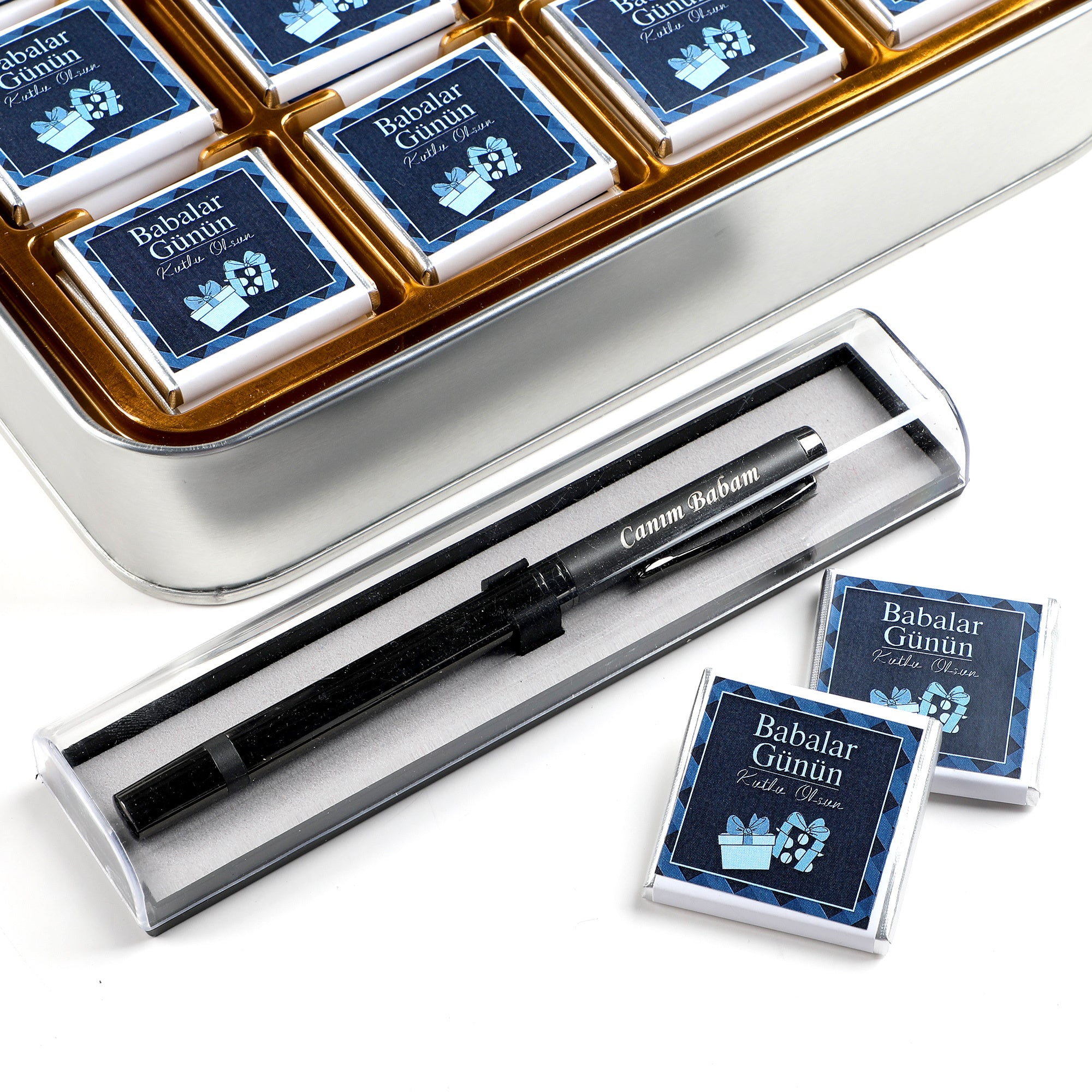 هدية عيد الأب: علبة شوكولاتة معدنية وقلم (32 قطعة)