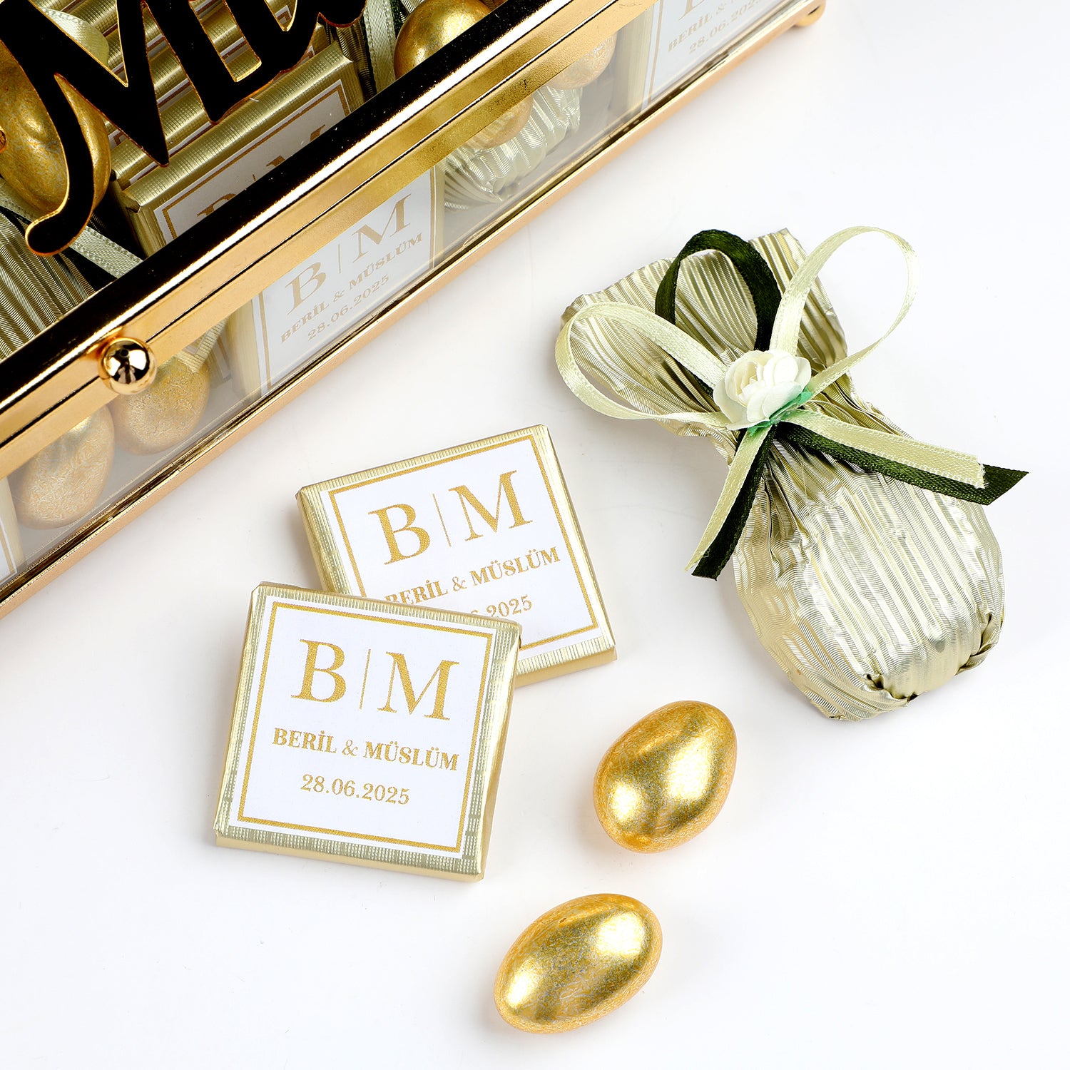 Gold Ring Box with Engagement Chocolate Dragee Baton Display