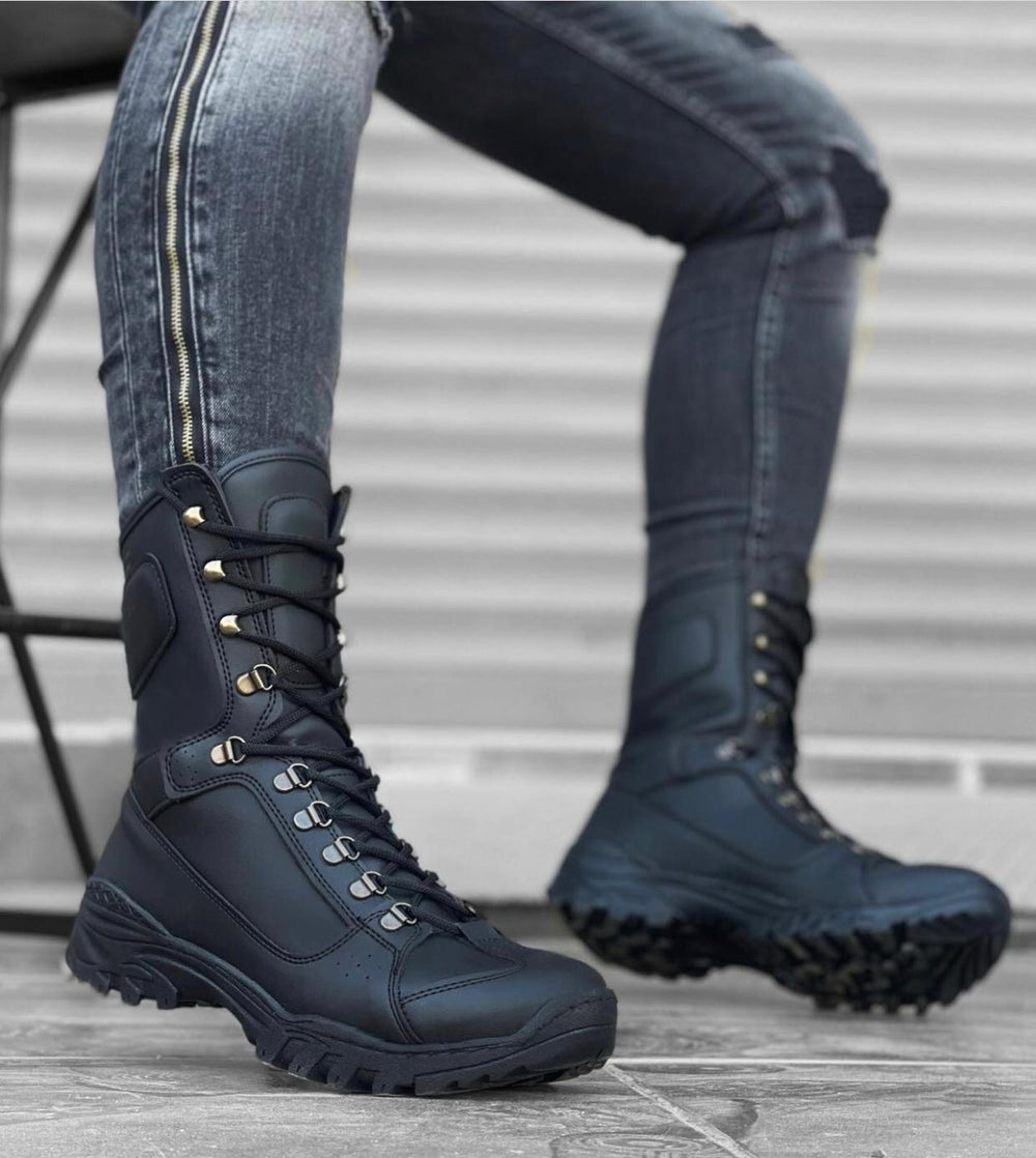 Lace-Up Black Leather Military Combat Boots