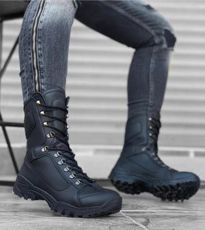 Lace-Up Black Leather Military Combat Boots
