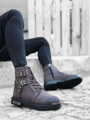 Brown Men's Classic Zippered Gladiator Buckle Half Ankle Boot