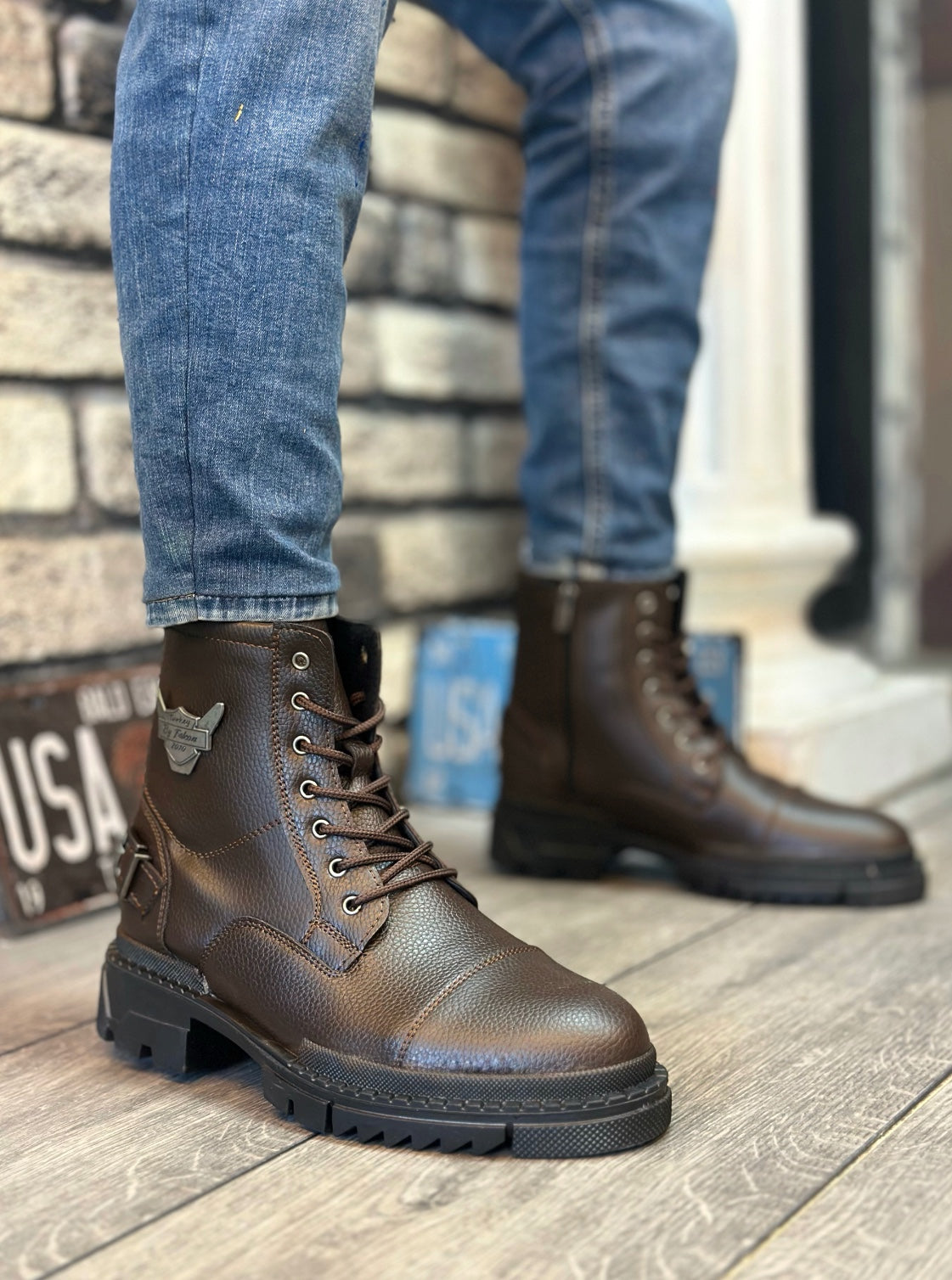 Brown Men's Classic Sport Zipper Buckled Half Ankle Boot
