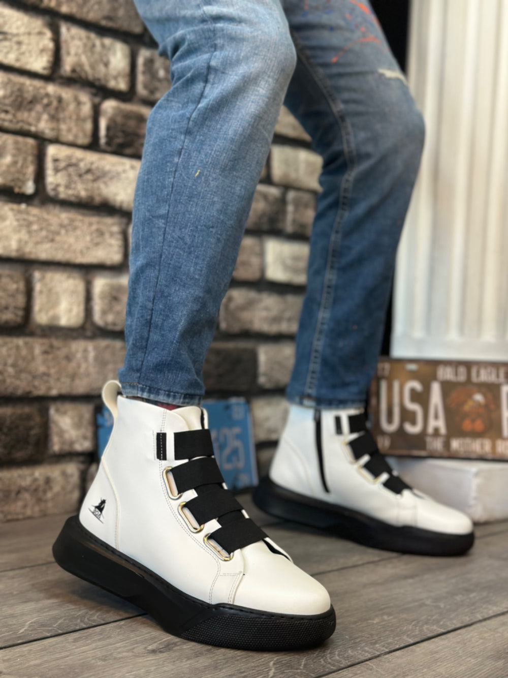 Men's High Top White Black Sporty Sneaker with Straps