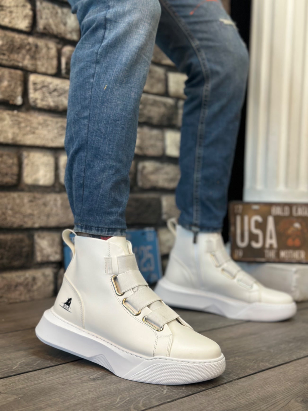 High Top White Men's Sport Sneaker with Banded Design