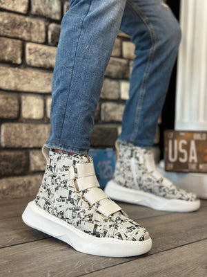 High Top Newspaper Print Men's Sneaker Boot