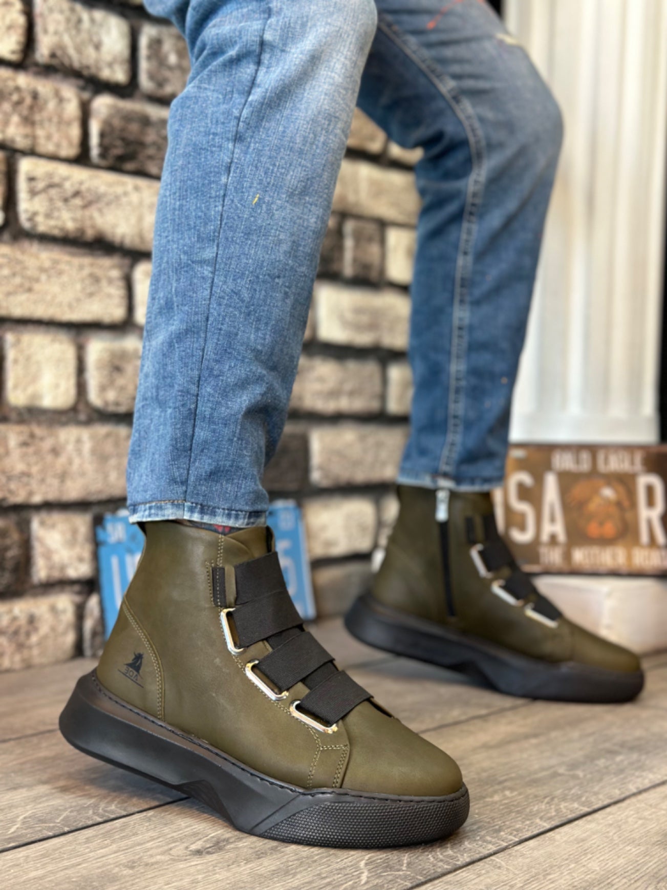 Men's High Top Khaki Sneaker Boots with Cuffs