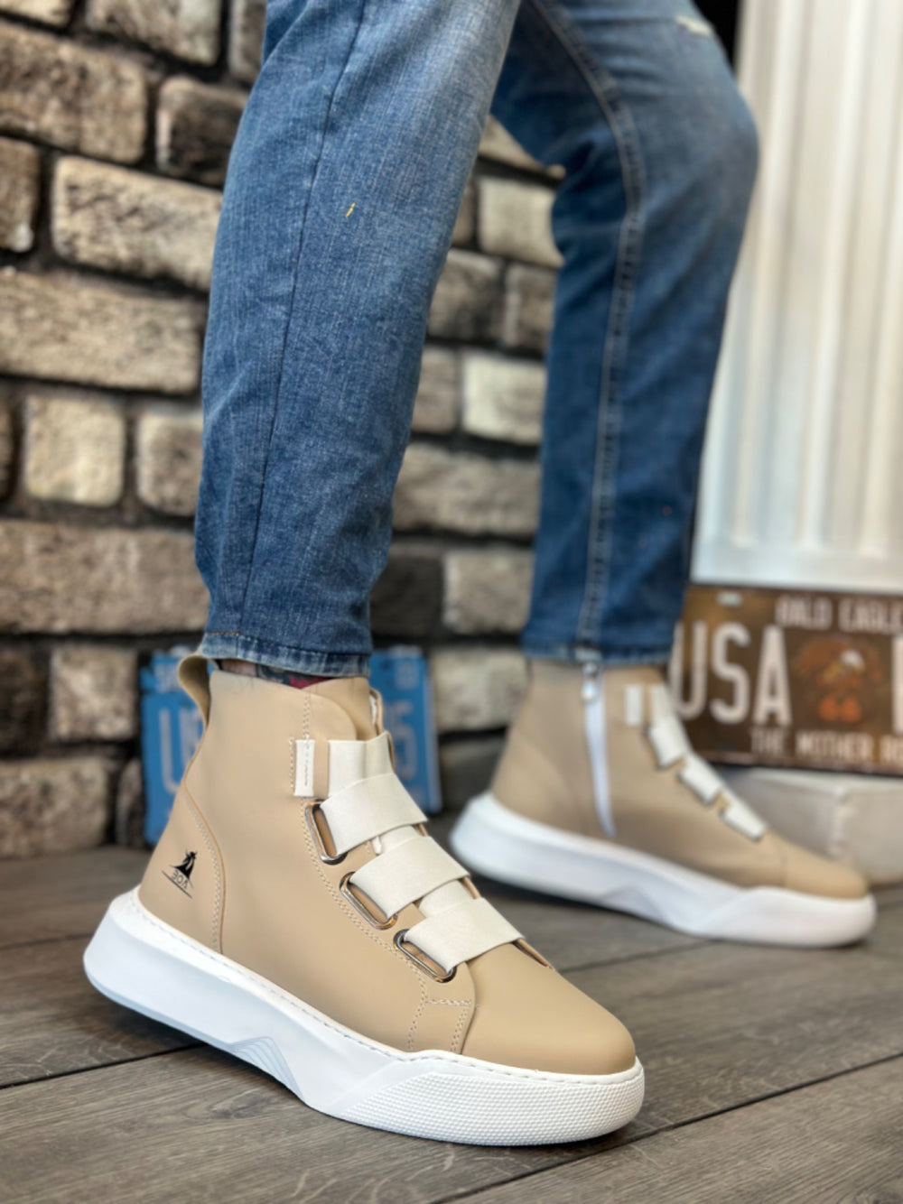 Cream White High Top Men's Sport Sneaker with Straps