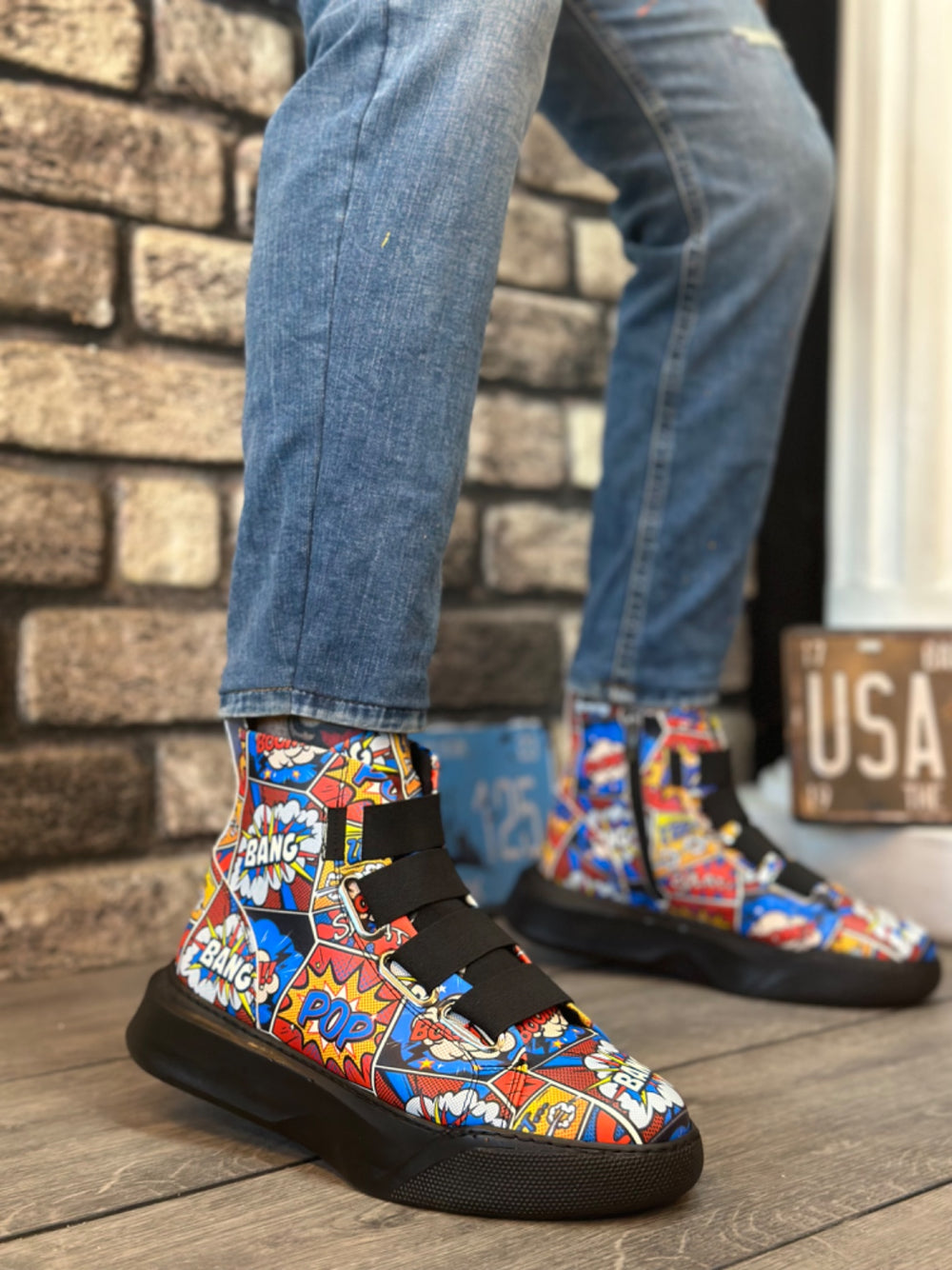 Pop Art High Top Men's Sneaker with Striped Detail