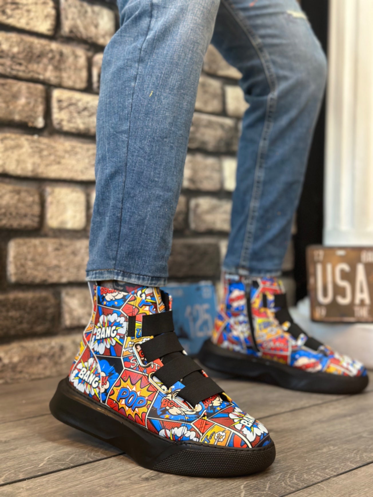 Pop Art High Top Men's Sneaker with Striped Detail