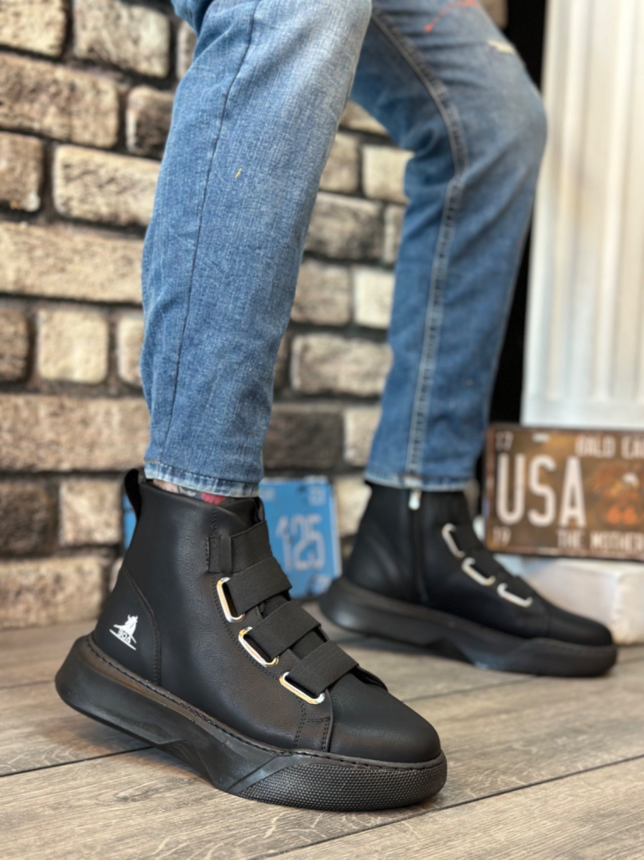 Men's High Top Black Sole Sporty Boots with Straps