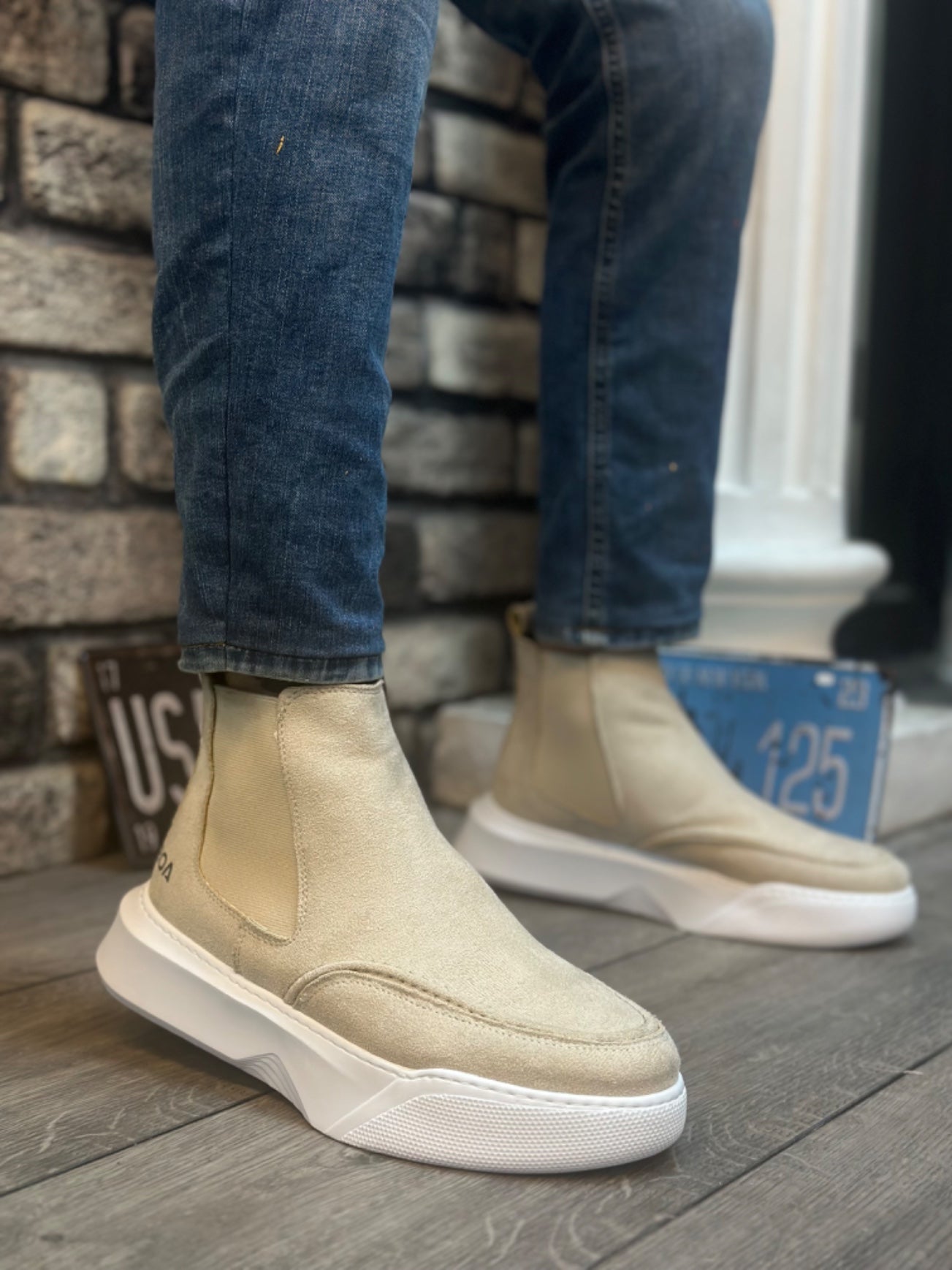 Cream Suede High Top Laceless Men's Sport Boots