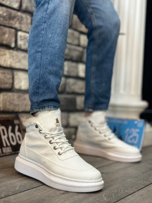 Fur-Lined White Men's Stylish Sports Boots with Laces
