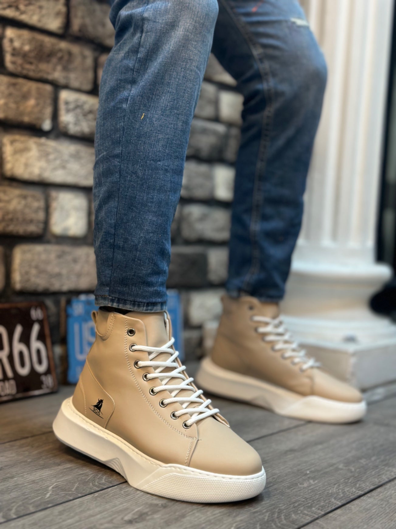 Lace-Up Men's Cream White Platform Sneaker Boot
