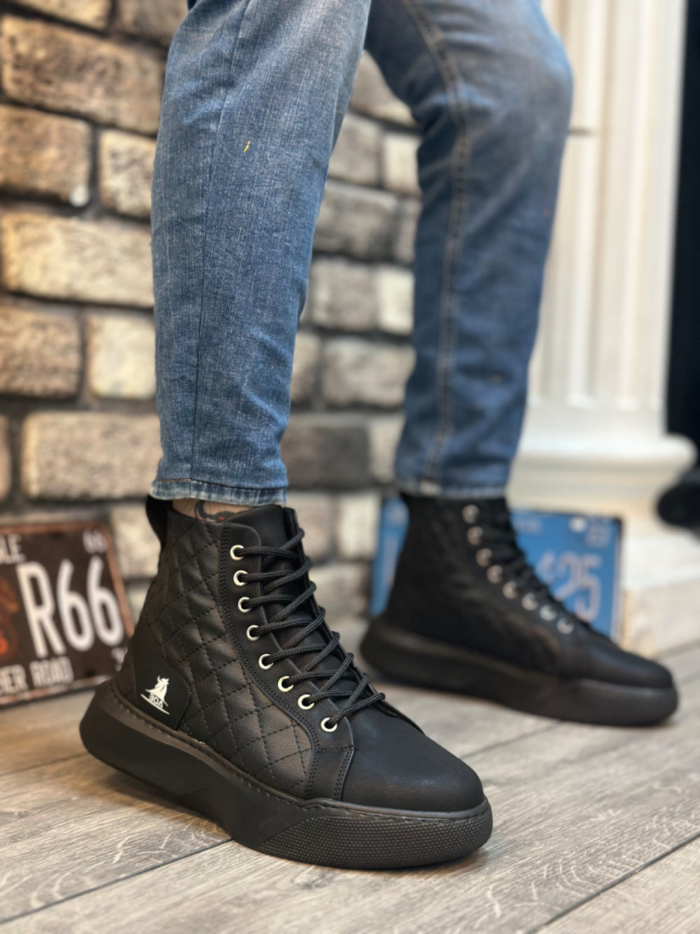 BA0159 Black Quilted Men's High Top Sneaker with Laces