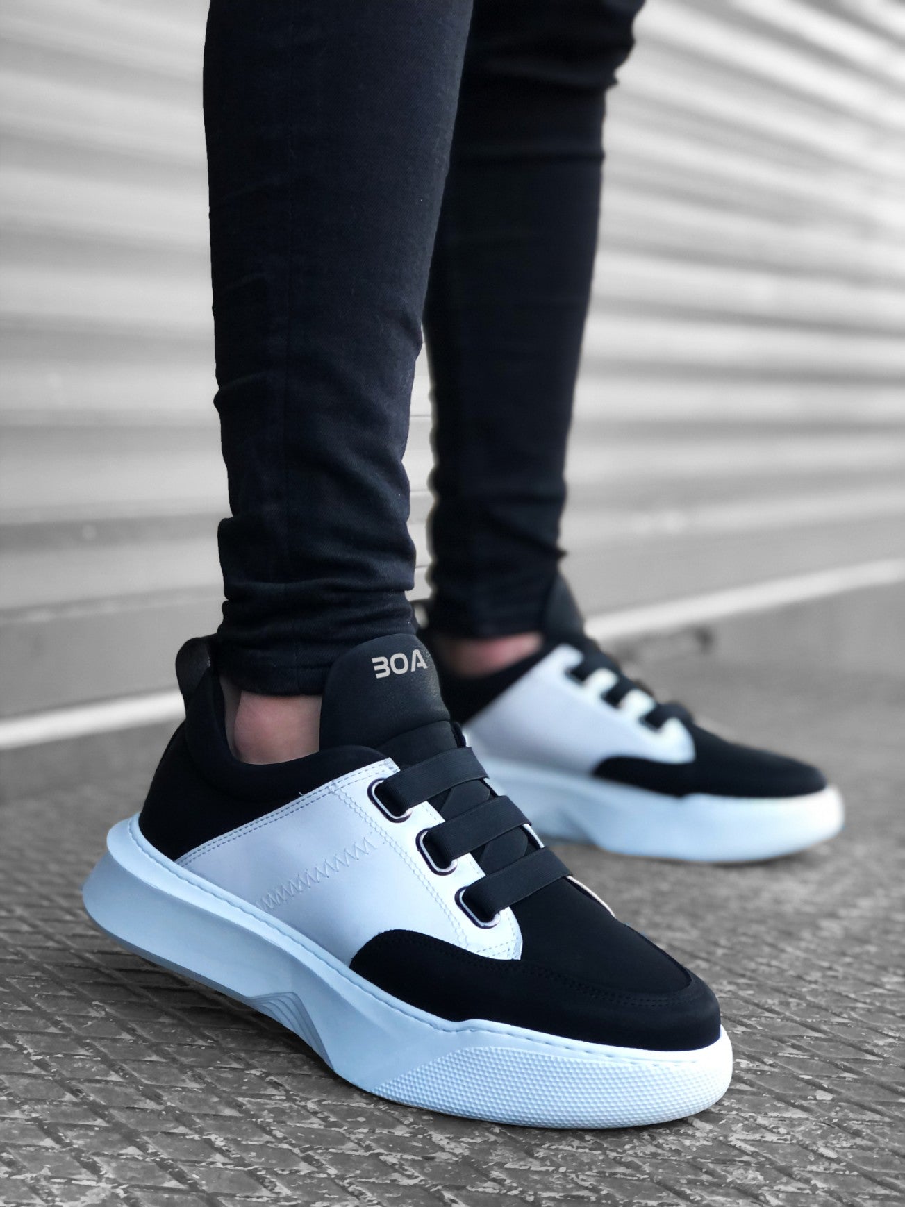 Men's High Top Black and White Sneakers with Stripes