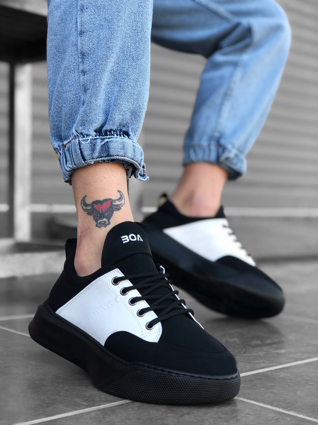 Black White High Top Men's Sneakers with Laces