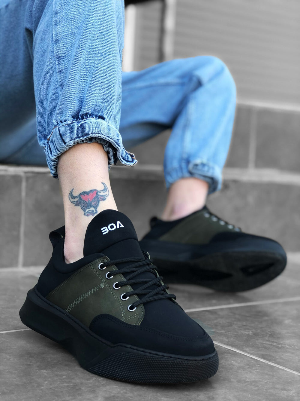 Men's High Top Black Khaki Sneakers with Laces