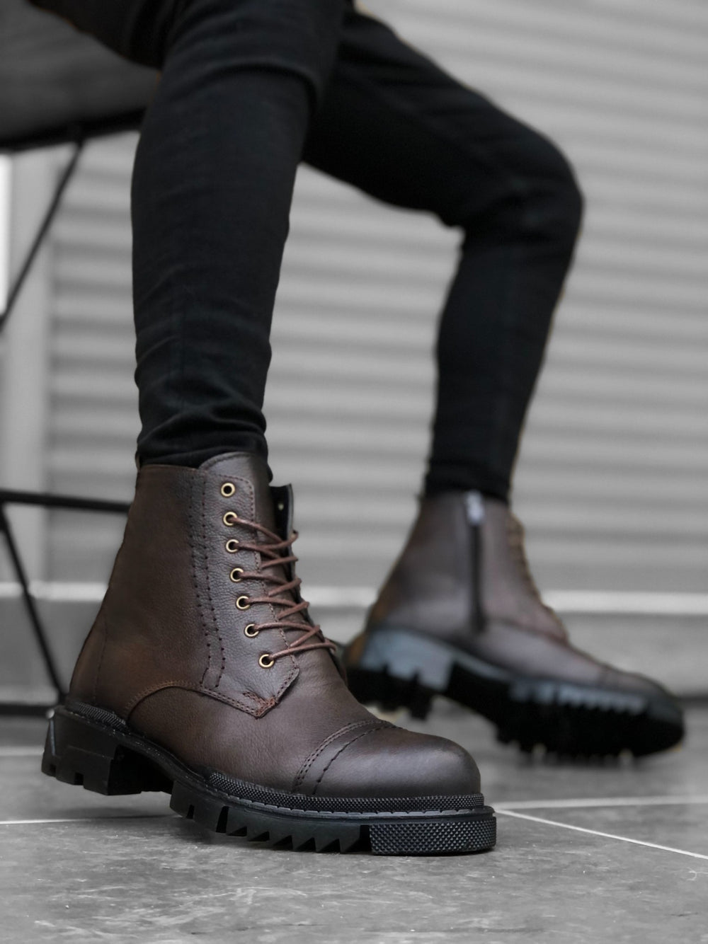 Brown Men's Genuine Leather Half Zipper Ankle Boot
