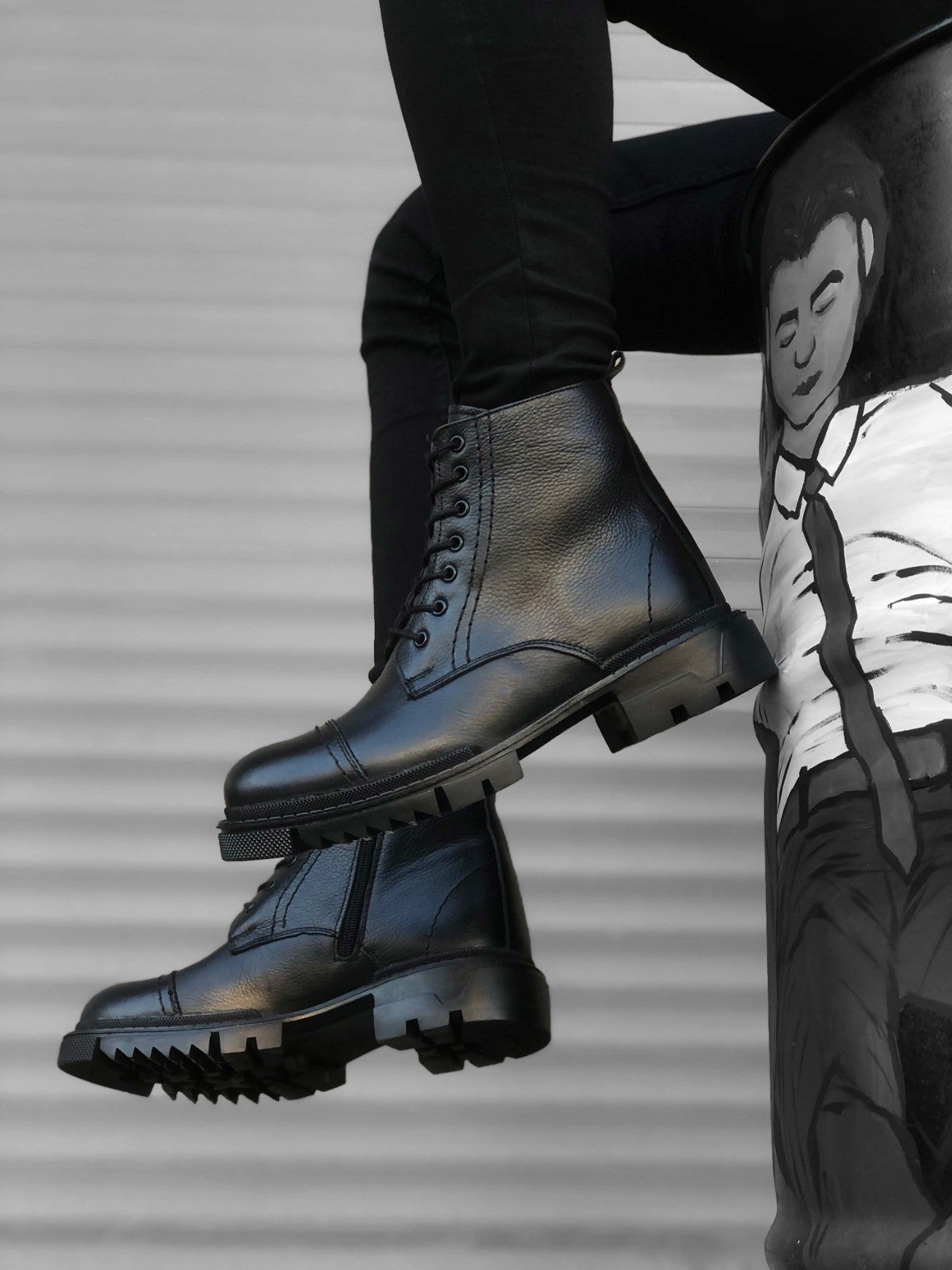 BA0187 Genuine Leather Black Men's Zipper Half Boot
