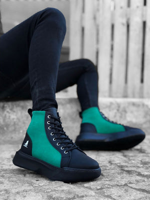 Men's High Top Black Green Sole Lace-Up Sports Boots