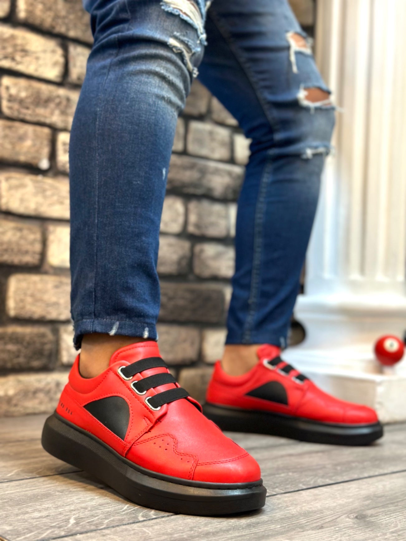Red Black Men's Casual Shoes with Thick Sole and Laceless Style