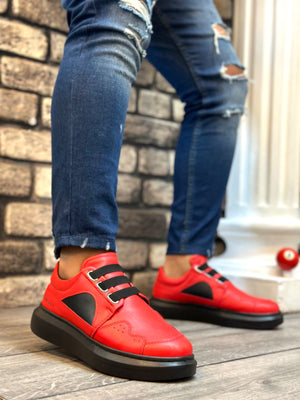 Red Black Men's Casual Shoes with Thick Sole and Laceless Style